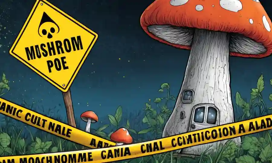 Un hongo con cinta advertida y advertencias alrededor de él, rodeado de fórmulas químicas.
