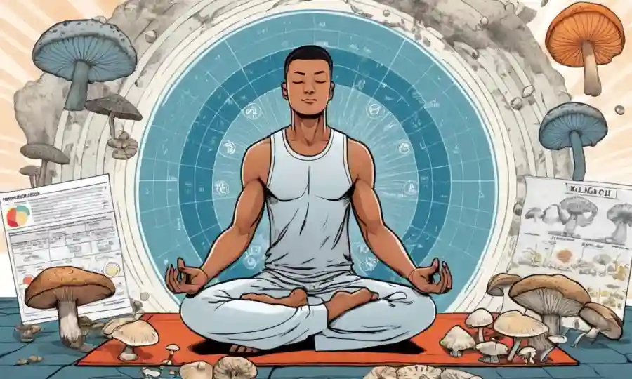 Una persona meditando con hongos y diagramas de salud en el fondo.