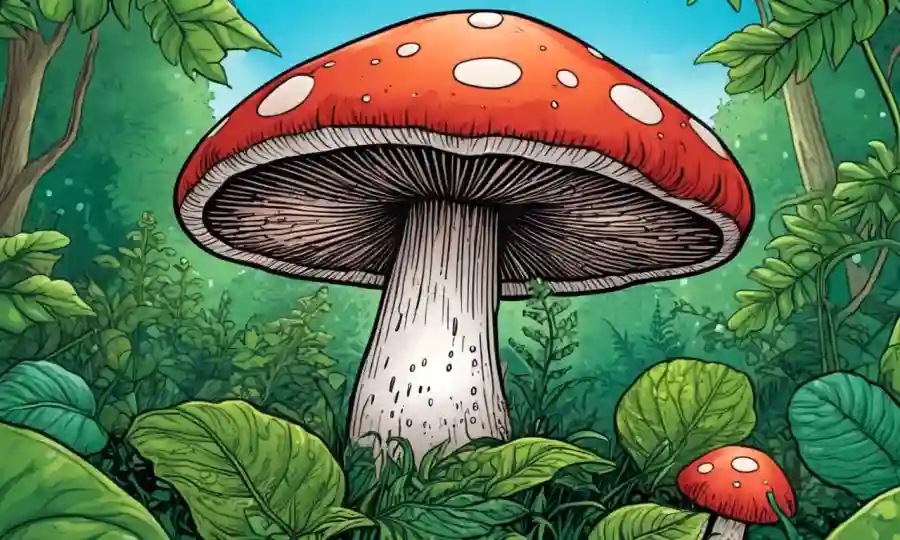Un hongo rodeado de vegetación vibrante con un brillo sutil que representa efectos beneficiosos para la salud.