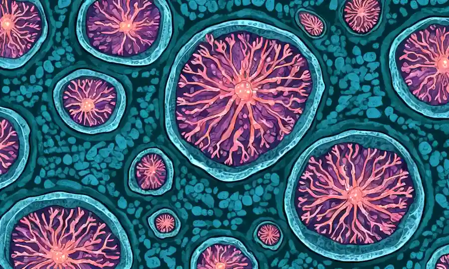Vista microscópica de bacterias beneficiosas que viven dentro de las células vegetales.