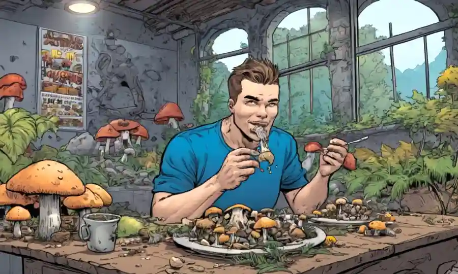 Persona comiendo hongos con varios ambientes y ejemplos de mentalidad en el fondo.