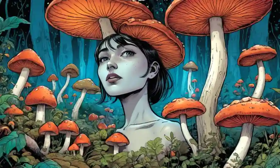 Persona experimenta visuales vívidas y sensaciones físicas, rodeada de hongos.