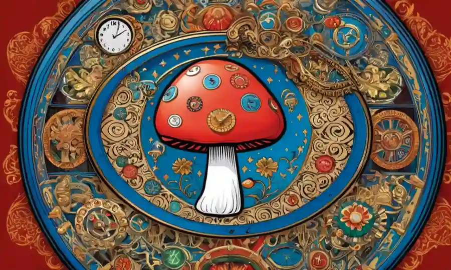 Un reloj en forma de hongos rodeado de símbolos culturales tradicionales.