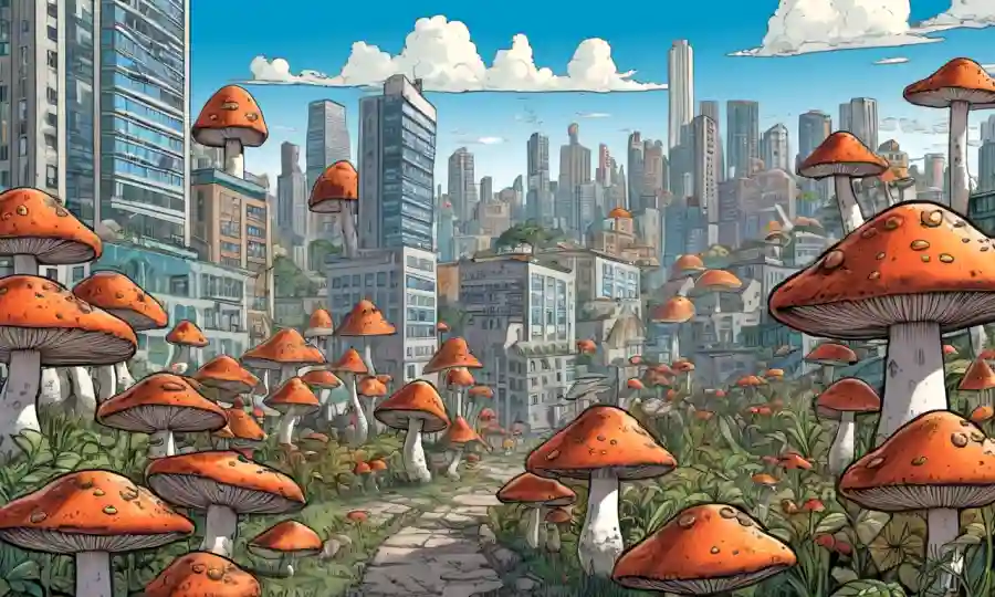 Setas antiguas en medio de paisajes urbanos modernos, rodeados de elementos culturales de diferentes sociedades.