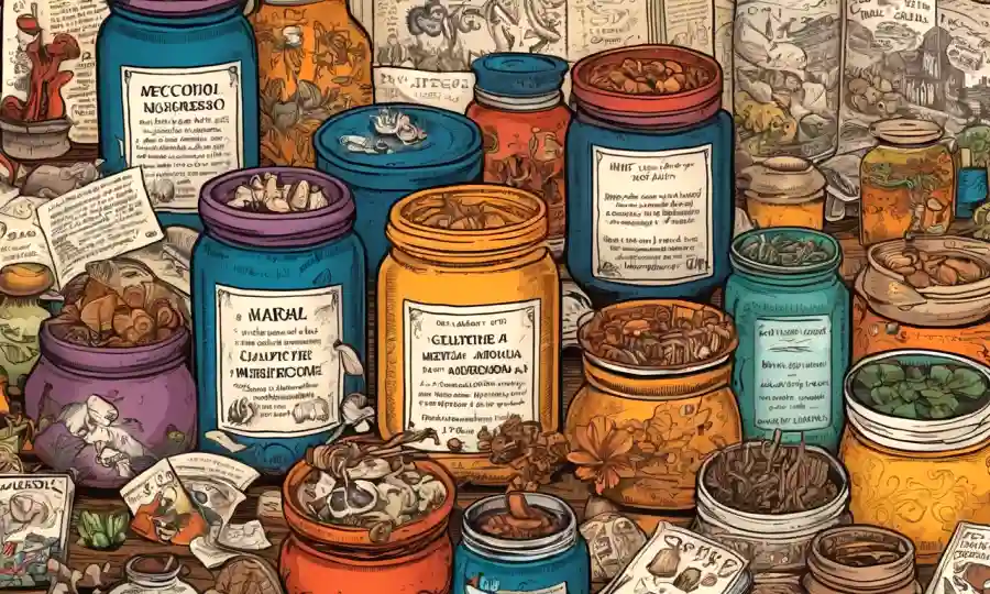 Una mezcla ecléctica de tarros de medicina tradicional llenos de hongos medicinales rodeados de símbolos y textos culturales.
