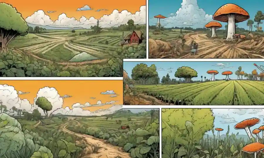 Muestras de campo de hongos y escenas agrícolas con flechas indicando cambios.