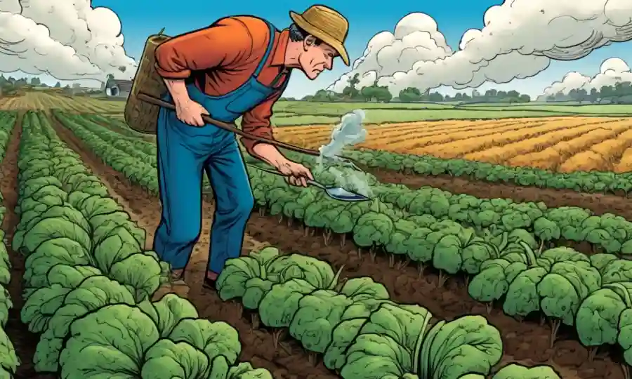 Farmer inspecting crops amidst fungal growth in agricultural landscape.