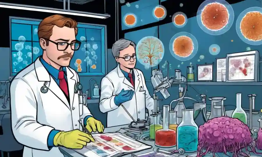 Científicos que estudian patógenos hongos en laboratorio, rodeados de gráficos y gráficos.