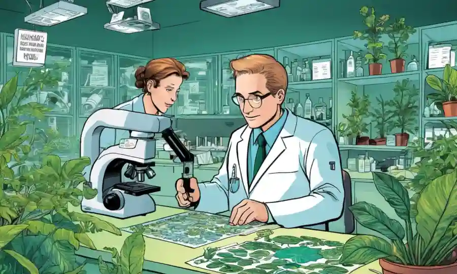Un investigador en un laboratorio rodeado de toboganes y plantas con capciones.