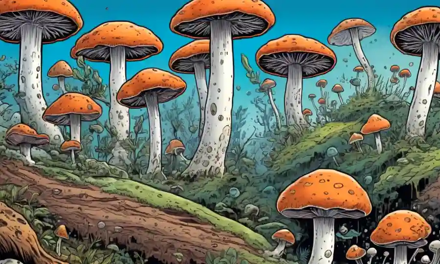 Imágenes microscópicas de hongos con toxinas que los rodean, destacando los efectos de contaminación.