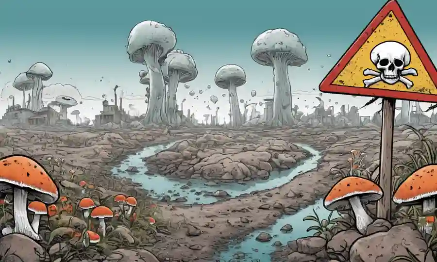 Crecimiento de hongos entre entornos contaminados con señales de advertencia.