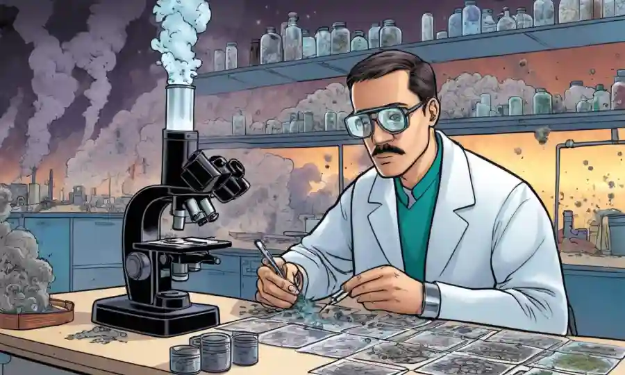 Investigador de laboratorio estudiando muestras de hongos en las diapositivas del microscopio en medio de la contaminación.