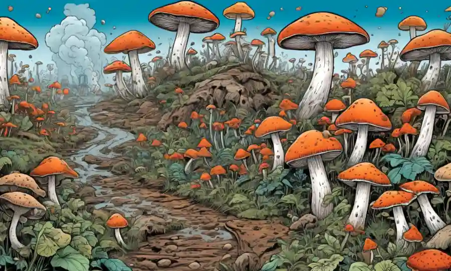 Ilustraciones de hongos en medio de la contaminación con medidas para reducir la contaminación y preservar la micología.