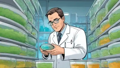 Científico que examina el crecimiento de hongos en los platos de petri de laboratorio bajo diferentes condiciones de humedad.