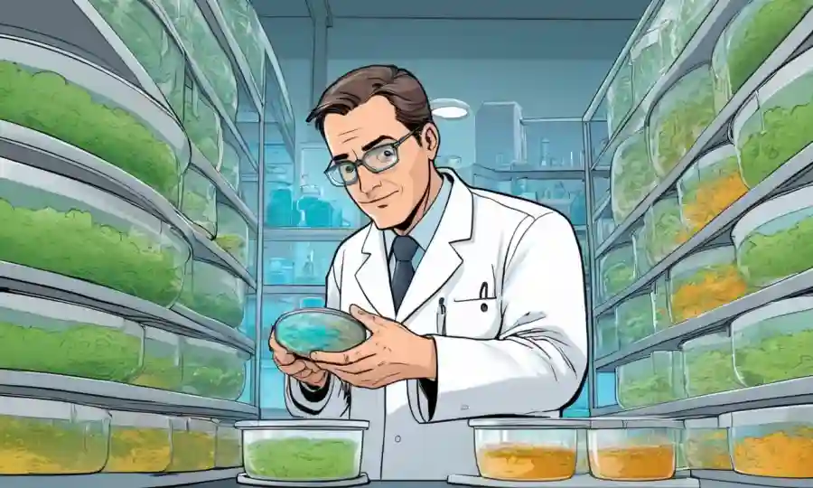 Científico que examina el crecimiento de hongos en los platos de petri de laboratorio bajo diferentes condiciones de humedad.