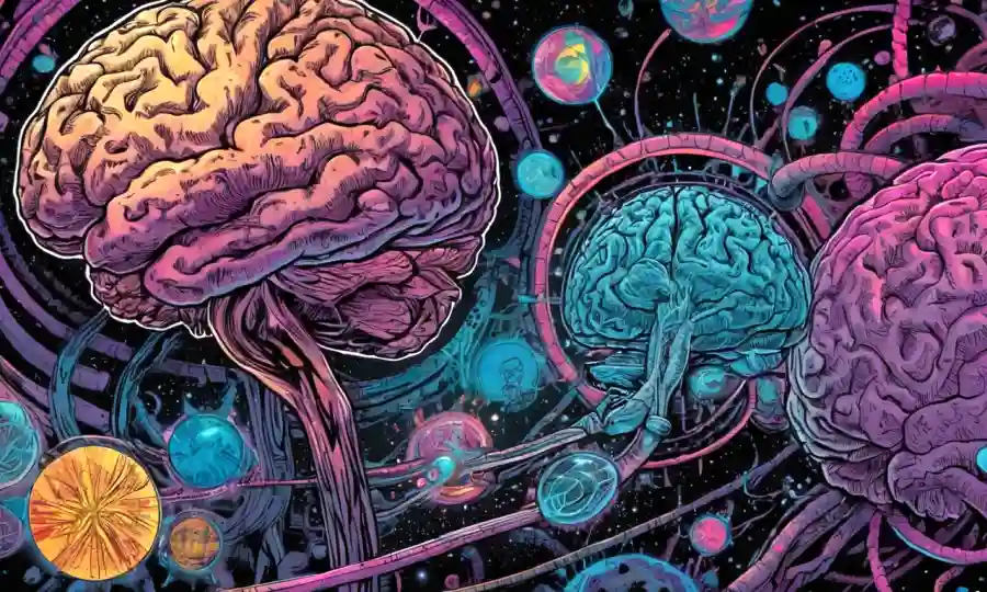 Gráficos de datos científicos e imágenes cerebrales con un toque de patrones psicodélicos en el fondo.