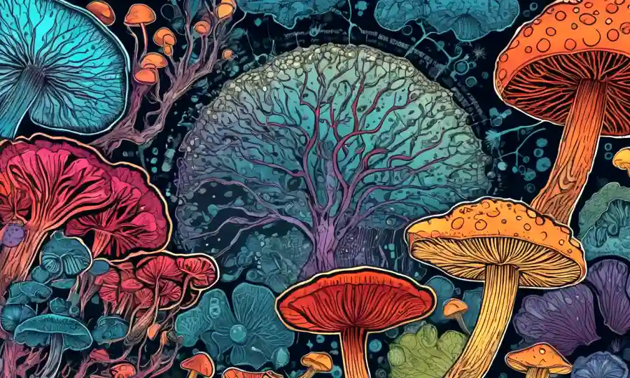 Vista microscopio de células de hongos psicodélicos, rodeadas de gráficos y gráficos.