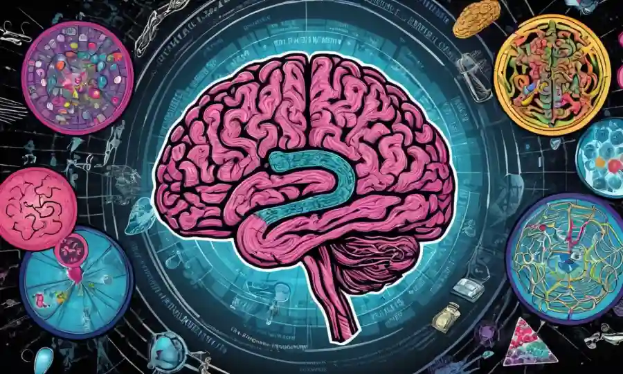 Ilustración cerebral con patrones psicodélicos, rodeado de gráficos y texto sobre beneficios y peligros de la medicación.