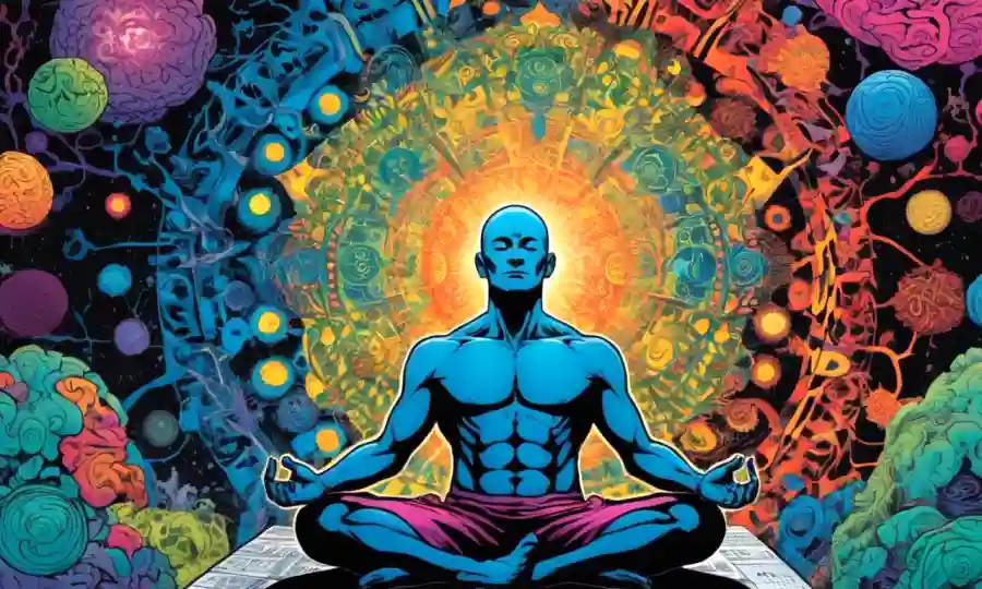 Persona meditando rodeada de patrones psicodélicos