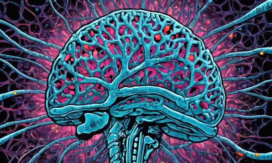 Ilustración de neuronas cerebrales rodeadas de formas psicodélicas con un sutil fondo de laboratorio médico.