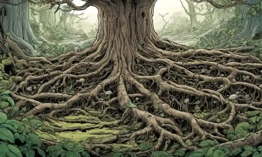 Las raíces del árbol y los hongos entrelazados, ilustrando la simbiosis en la naturaleza.