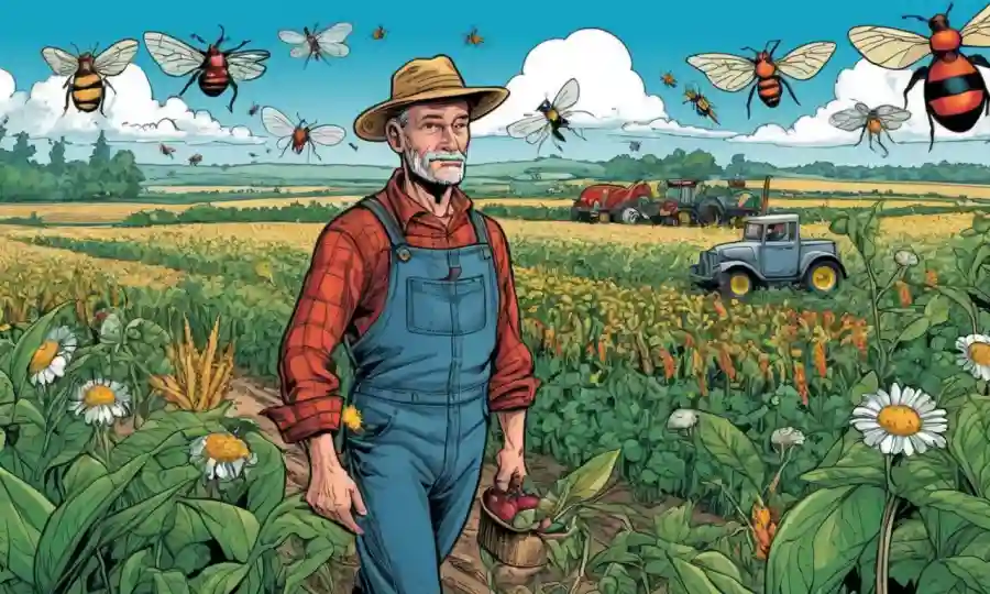 Agricultor en un campo con diversos cultivos e insectos simbióticos.