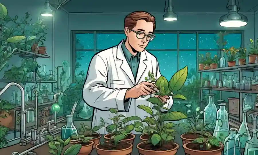 Un científico que estudia plantas en un laboratorio con ilustraciones de ecosistemas.