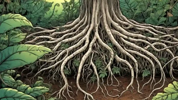 Ilustración de raíces con hifa fúngica