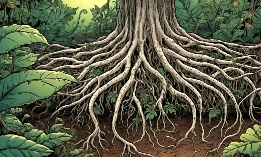 Ilustración de raíces con hifa fúngica