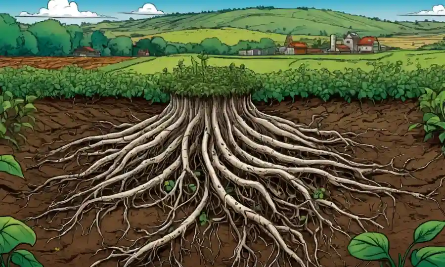 Las raíces vegetales rodeadas de microorganismos, con paisajes agrícolas en el fondo.