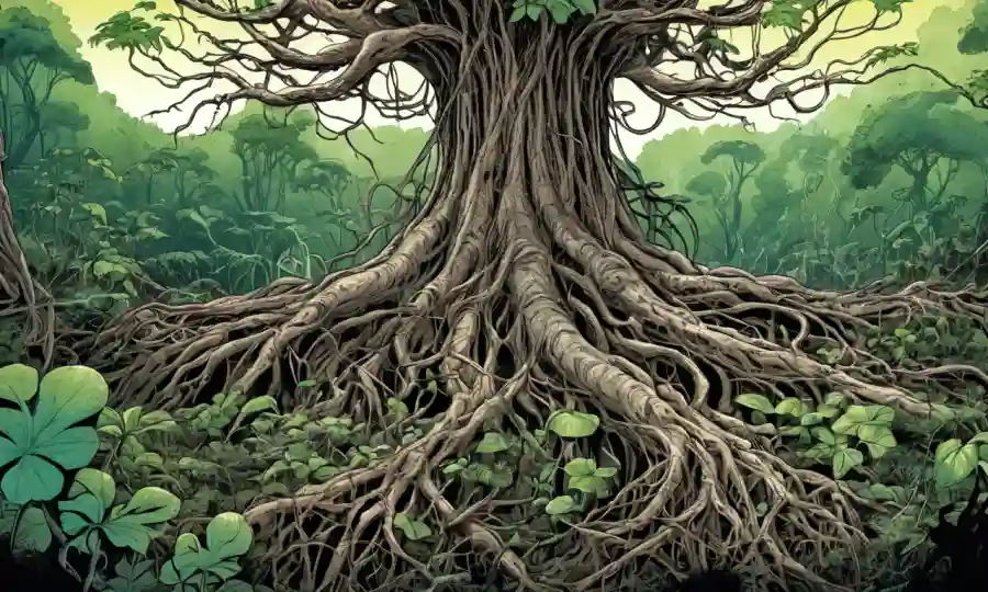 Ilustración de raíces con conexiones fúngicas y plantas verdes prósperas en el fondo.