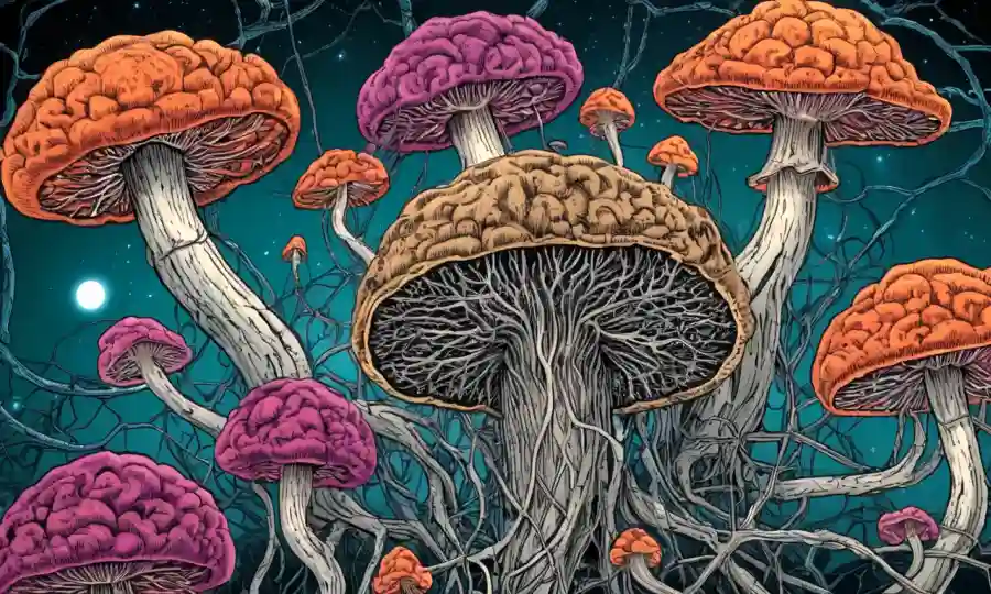 Ilustración cerebral con setas psicodélicas brotando de ella