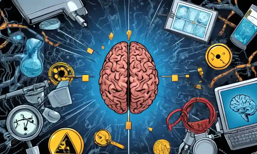 Una ilustración de exploración cerebral con equipo de laboratorio y gráficos de concepto, rodeado de símbolos de precaución.