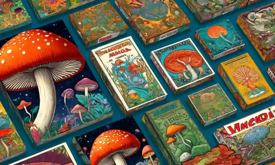Una mezcla de viejas cajas de cigarrillos e ilustraciones científicas modernas que muestran los efectos de los hongos psicodélicos en el cerebro.