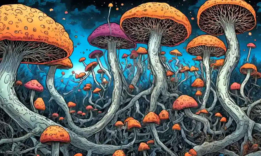 Una ilustración de sinapsis y neuronas con hongos psicodélicos interactuando e influenciando ilustraciones de actividad cerebral.
