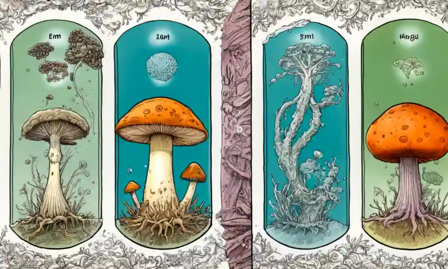 Crecimiento de hongos en comparación con otras sustancias en una diapositiva de microscopio.