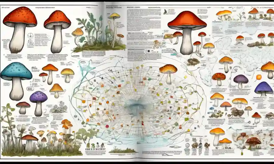 Gráficos científicos que comparan los efectos de hongos con LSD, rodeados de datos y notas de investigación.