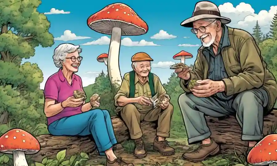 Adultos mayores disfrutando de los beneficios del consumo de hongos en varios entornos.