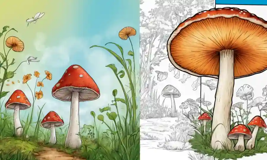 Un hongo creciendo junto a dibujos o fotos de niños a diferentes edades.