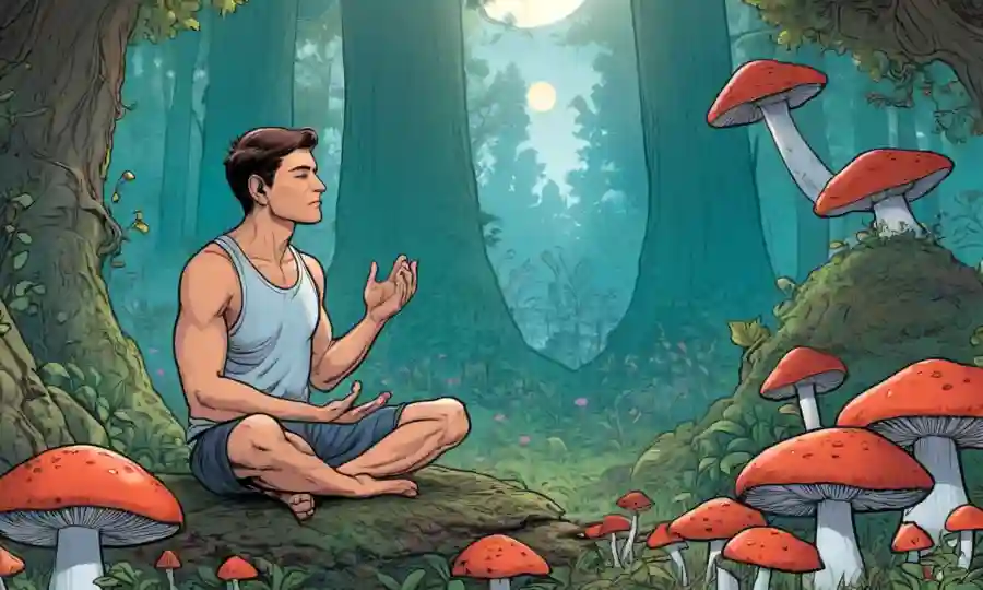 Persona meditando entre los hongos, rodeado de naturaleza y sutiles toques en las etapas de la vida.