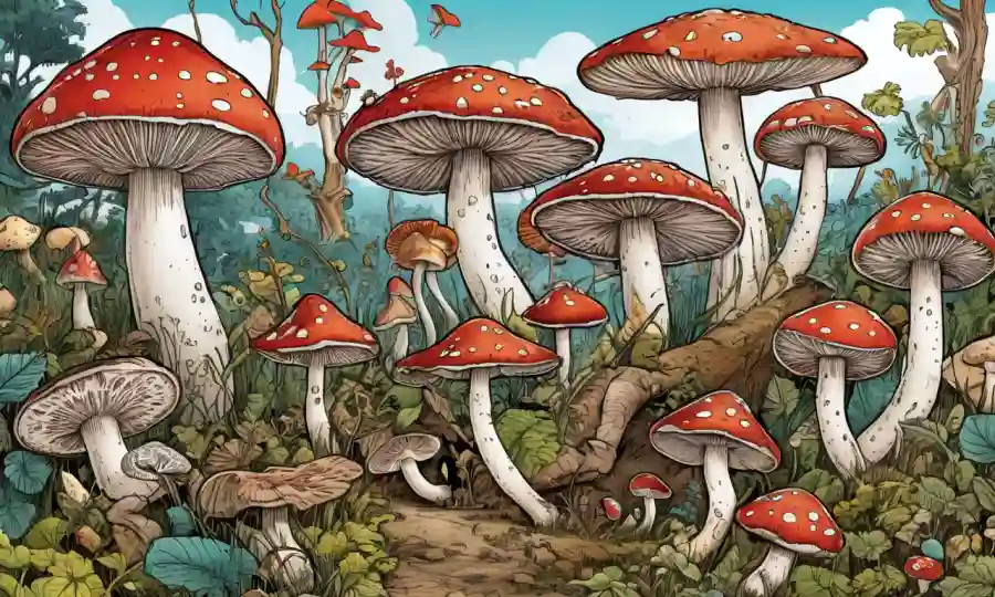 Ilustración de varios hongos rodeados de viñetas que representan diferentes etapas de vida (por ejemplo