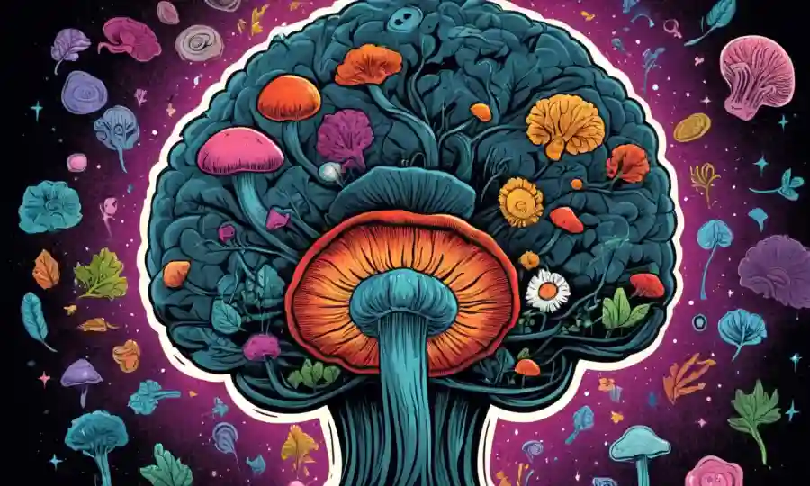 Un cultivo de hongos rodeado de iconos cerebrales o emocionales