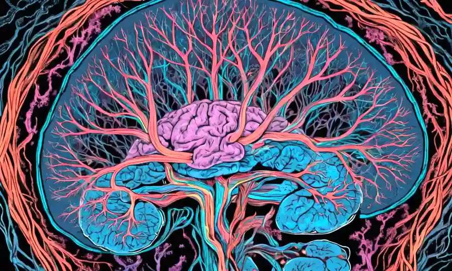 Conexiones neurológicas representadas con raíces psicodélicas y escaneos cerebrales en el fondo.