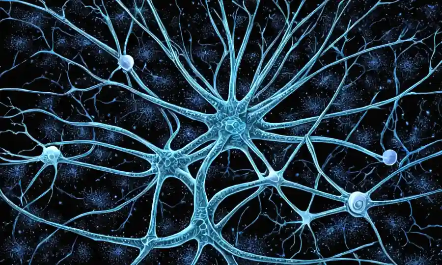 Ilustración científica de las neuronas de hongos interactuando con las células cerebrales.