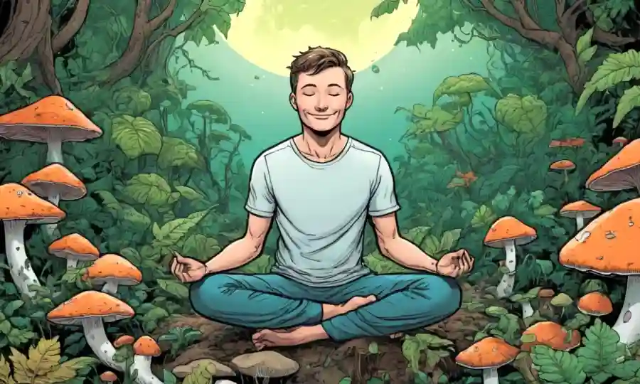 Persona meditando o sonriendo rodeado de hongos y vegetación.