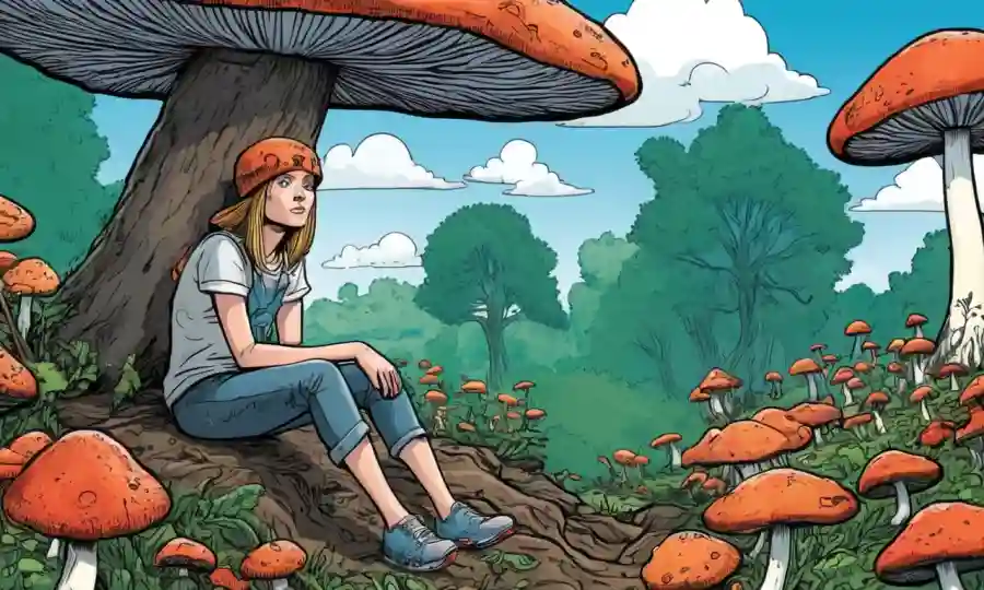 Una persona sentada en la naturaleza, rodeada de hongos, con pensamientos y conceptos flotando sobre su cabeza.