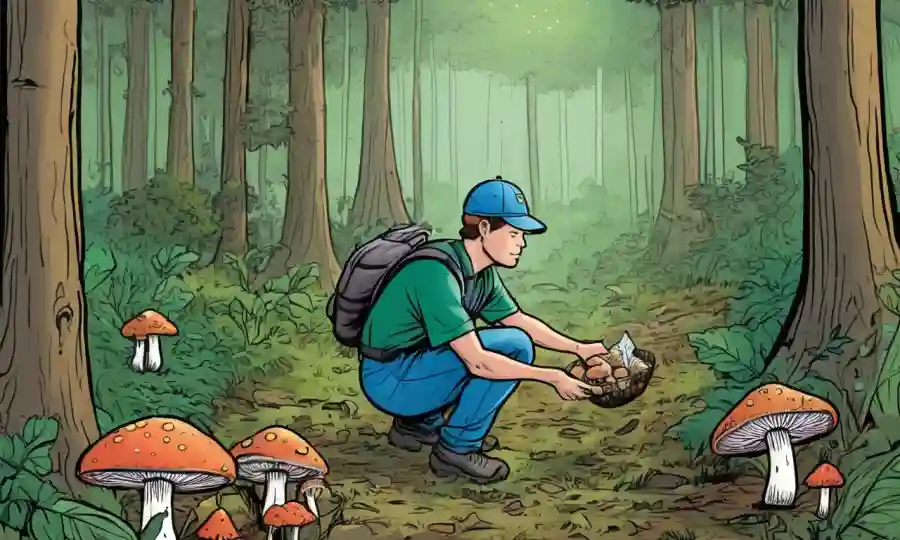 Una persona que recoge hongos en un bosque, con guías de cosecha sostenibles y suministros ecológicos cercanos.