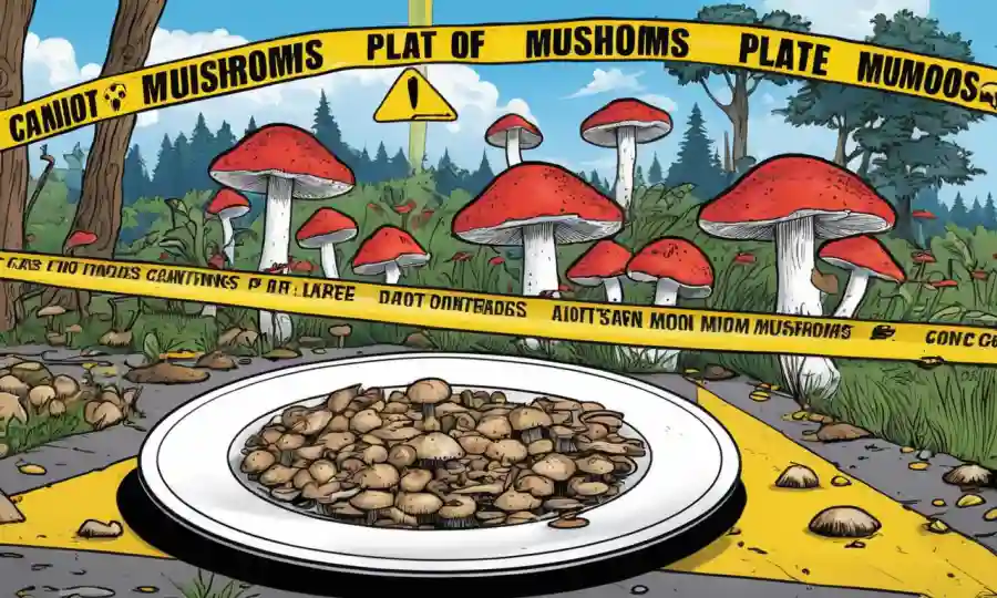 Un plato de hongos junto a símbolos de advertencia y cinta de precaución.