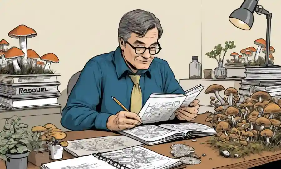 Reseacher estudiando varios tipos de hongos mientras se sienta en un escritorio con notas y libros.