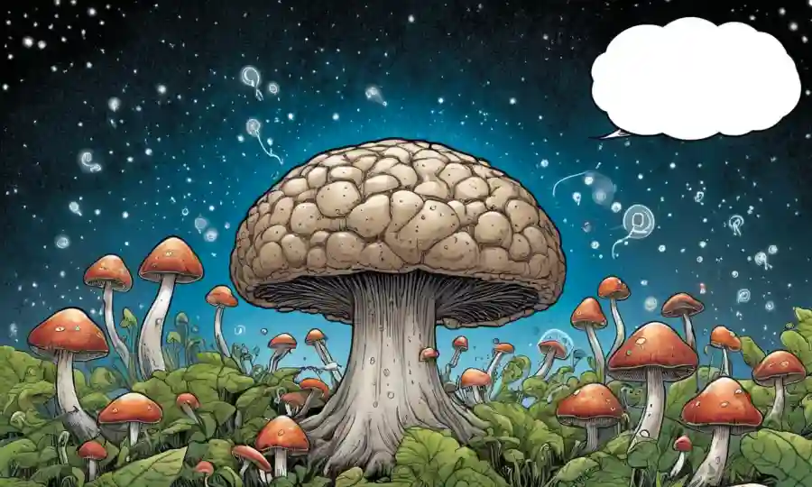 Ilustración del hemisferio cerebral con hongos brotando de él